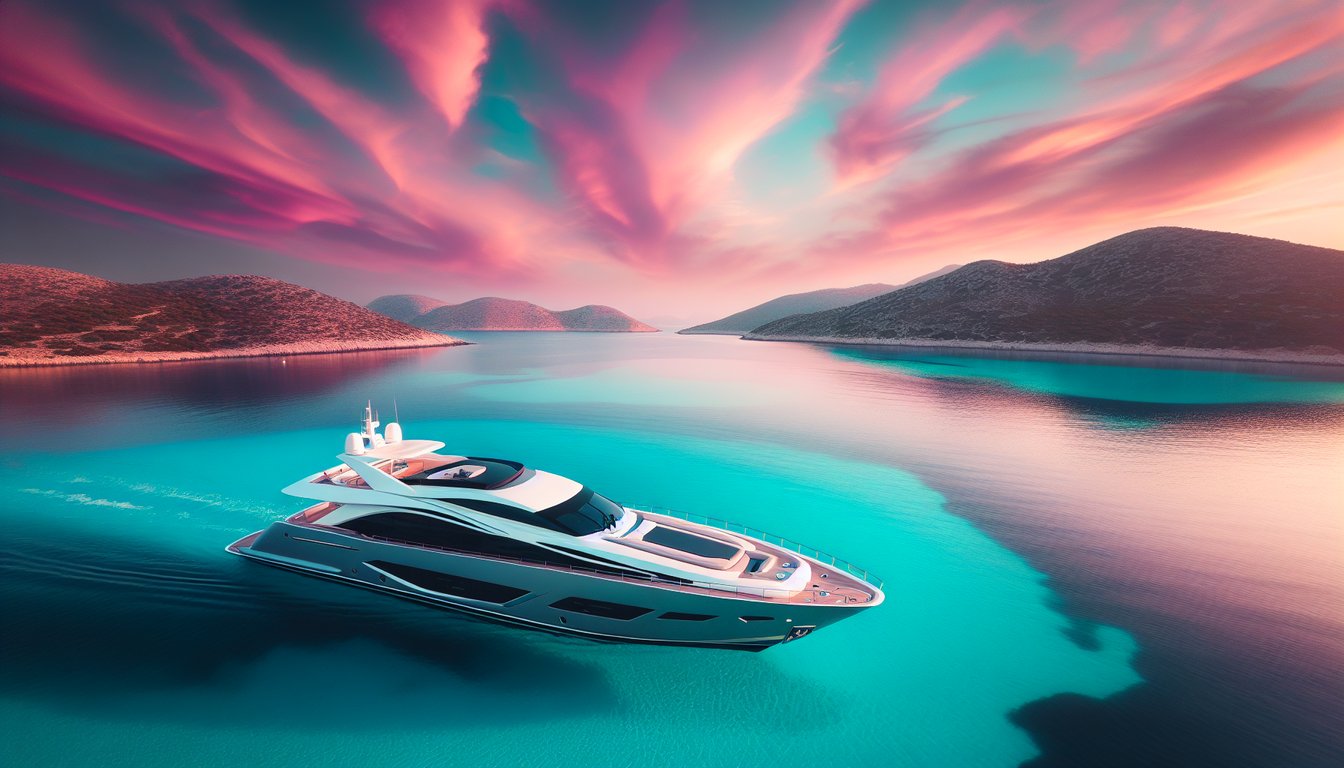 The image captures a sleek yacht cutting through the crystal-clear waters of a serene, turquoise bay, with a stunning sunset painting the sky in shades of pink and orange, signifying a perfect boating paradise.