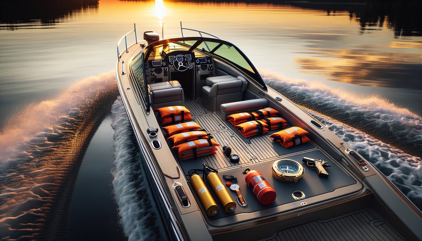 An image of a sleek, well-equipped boat floating on serene, gleaming waters at sunset, with lifejackets, a compass, a flare gun and other safety equipment noticeably arranged on deck, promising a safe and thrilling boating experience.